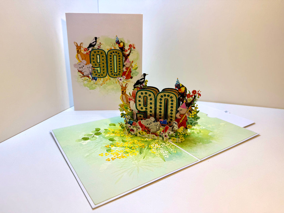 Australian Animal & Native Flower Happy 90th Birthday Origami Pop Cards 3D Pop Up Greeting Card Thank You Handmade Gift Thinking of You Happy Birthday Occasion Australiana Celebrate the Beauty and Happiness During Special Day Best Wishes Gift