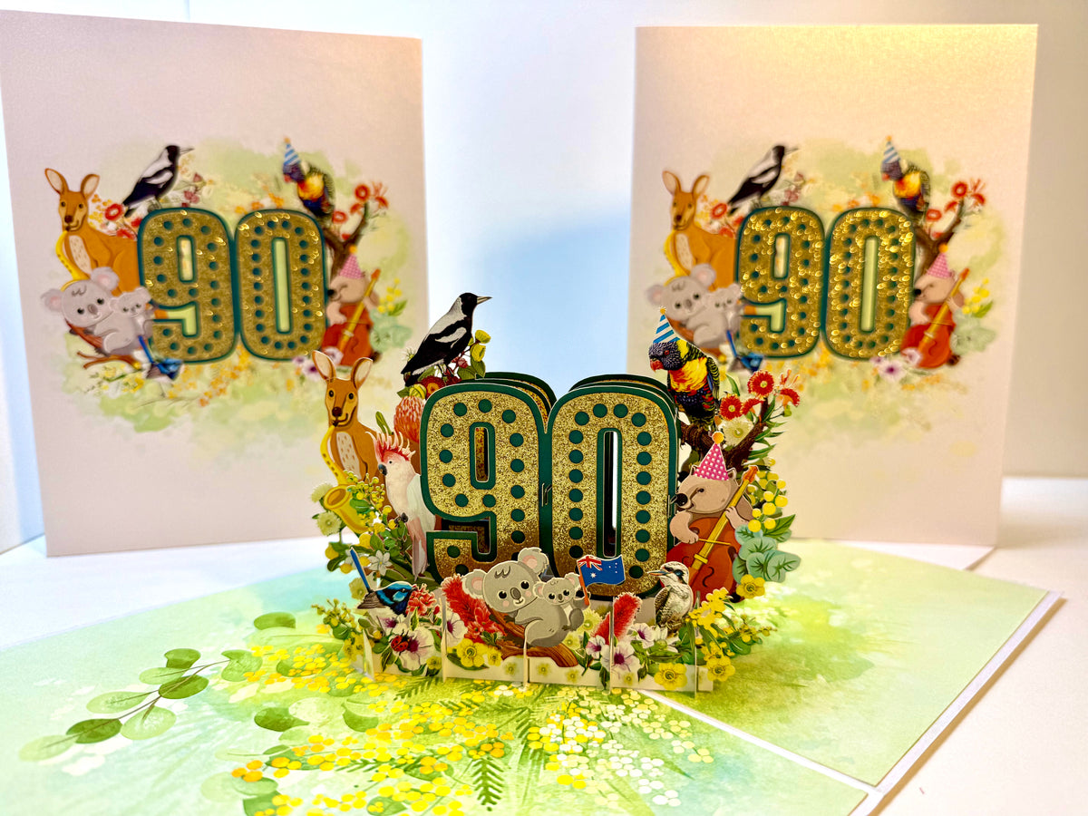 Australian Animal & Native Flower Happy 90th Birthday Origami Pop Cards 3D Pop Up Greeting Card Thank You Handmade Gift Thinking of You Happy Birthday Occasion Australiana Celebrate the Beauty and Happiness During Special Day Best Wishes Gift