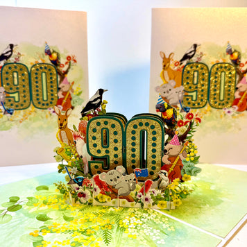 Australian Animal & Native Flower Happy 90th Birthday Origami Pop Cards 3D Pop Up Greeting Card Thank You Handmade Gift Thinking of You Happy Birthday Occasion Australiana Celebrate the Beauty and Happiness During Special Day Best Wishes Gift