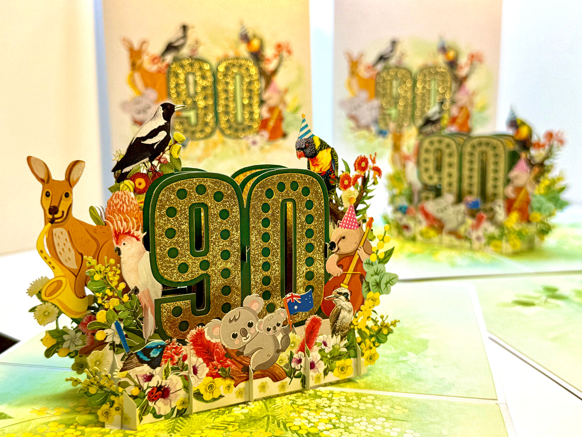 Australian Animal & Native Flower Happy 90th Birthday Origami Pop Cards 3D Pop Up Greeting Card Thank You Handmade Gift Thinking of You Happy Birthday Occasion Australiana Celebrate the Beauty and Happiness During Special Day Best Wishes Gift