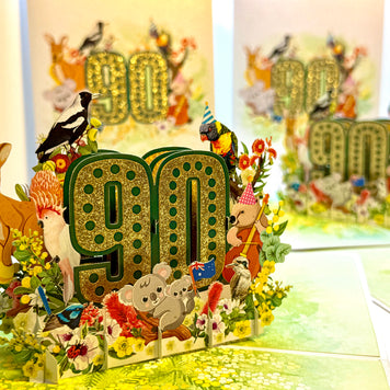 Australian Animal & Native Flower Happy 90th Birthday Origami Pop Cards 3D Pop Up Greeting Card Thank You Handmade Gift Thinking of You Happy Birthday Occasion Australiana Celebrate the Beauty and Happiness During Special Day Best Wishes Gift