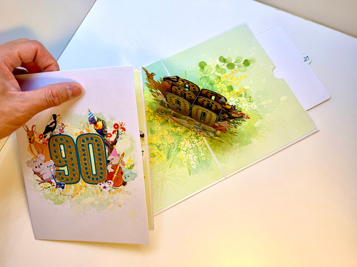 Australian Animal & Native Flower Happy 90th Birthday Origami Pop Cards 3D Pop Up Greeting Card Thank You Handmade Gift Thinking of You Happy Birthday Occasion Australiana Celebrate the Beauty and Happiness During Special Day Best Wishes Gift