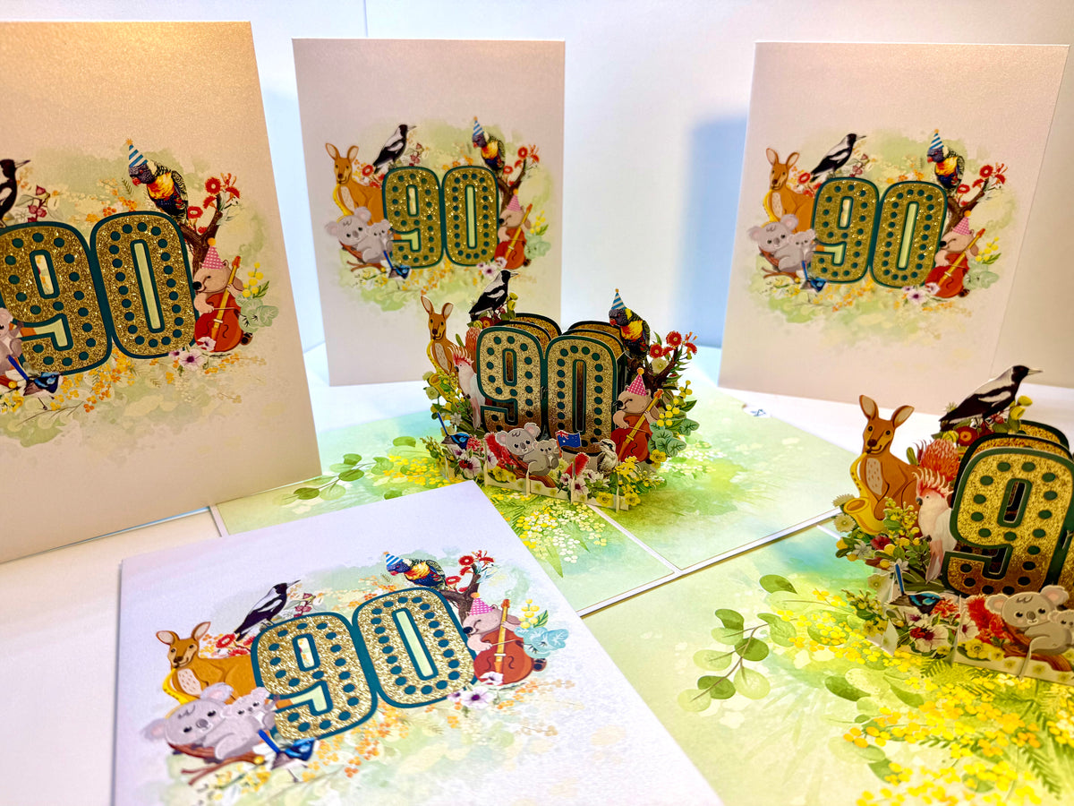Australian Animal & Native Flower Happy 90th Birthday Origami Pop Cards 3D Pop Up Greeting Card Thank You Handmade Gift Thinking of You Happy Birthday Occasion Australiana Celebrate the Beauty and Happiness During Special Day Best Wishes Gift