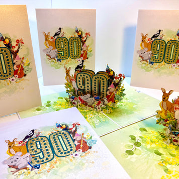 Australian Animal & Native Flower Happy 90th Birthday Origami Pop Cards 3D Pop Up Greeting Card Thank You Handmade Gift Thinking of You Happy Birthday Occasion Australiana Celebrate the Beauty and Happiness During Special Day Best Wishes Gift