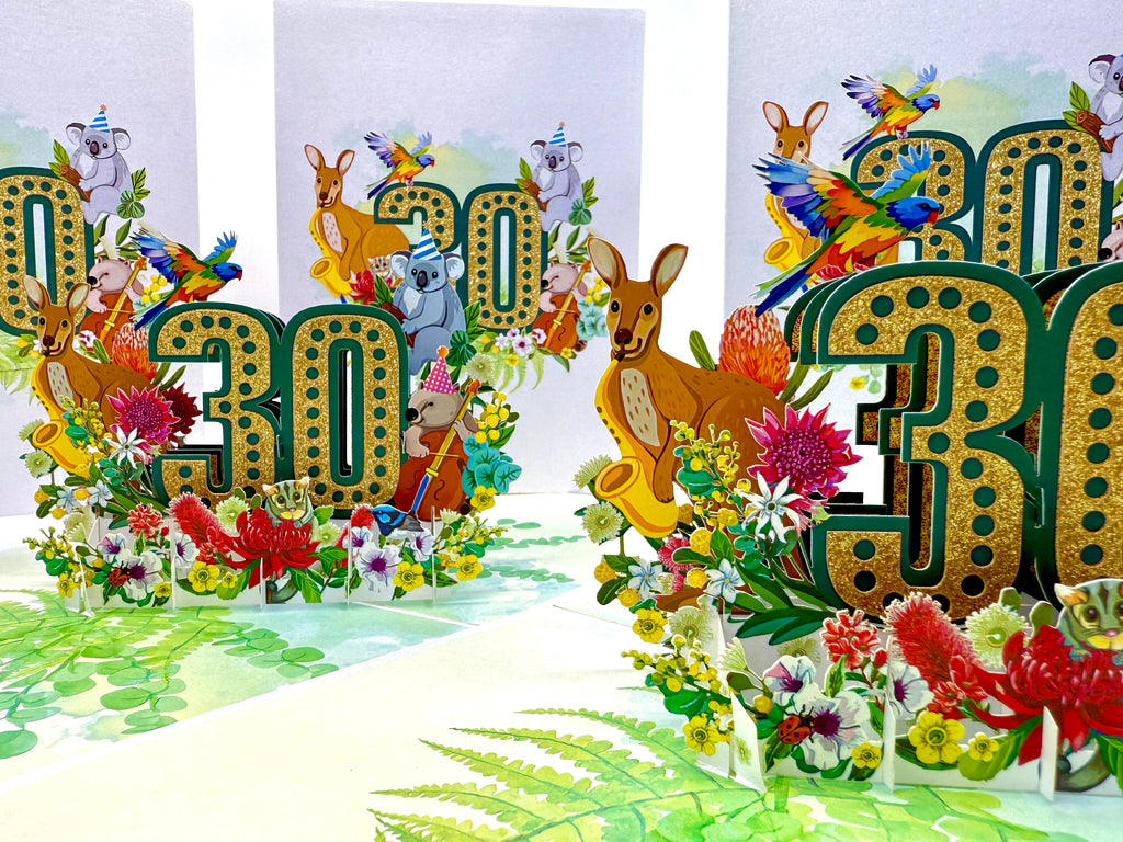 Australian Animal & Native Flower Happy 30th Birthday Origami Pop Cards 3D Pop Up Greeting Card Thank You Handmade Gift Thinking of You Happy Birthday Occasion Australiana Celebrate the Beauty and Happiness During Special Day Best Wishes Gift