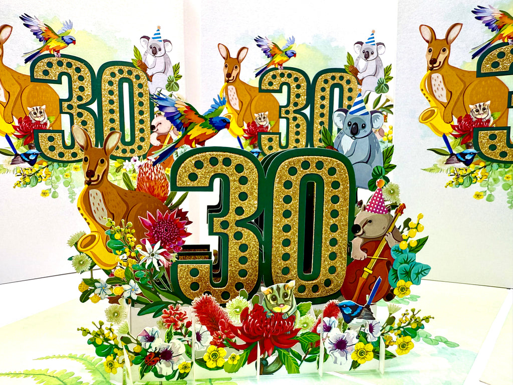Australian Animal & Native Flower Happy 30th Birthday Origami Pop Cards 3D Pop Up Greeting Card Thank You Handmade Gift Thinking of You Happy Birthday Occasion Australiana Celebrate the Beauty and Happiness During Special Day Best Wishes Gift