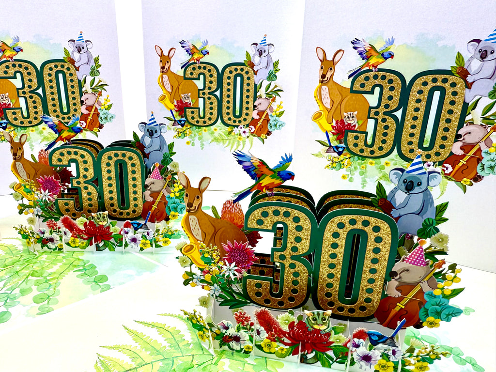 Australian Animal & Native Flower Happy 30th Birthday Origami Pop Cards 3D Pop Up Greeting Card Thank You Handmade Gift Thinking of You Happy Birthday Occasion Australiana Celebrate the Beauty and Happiness During Special Day Best Wishes Gift