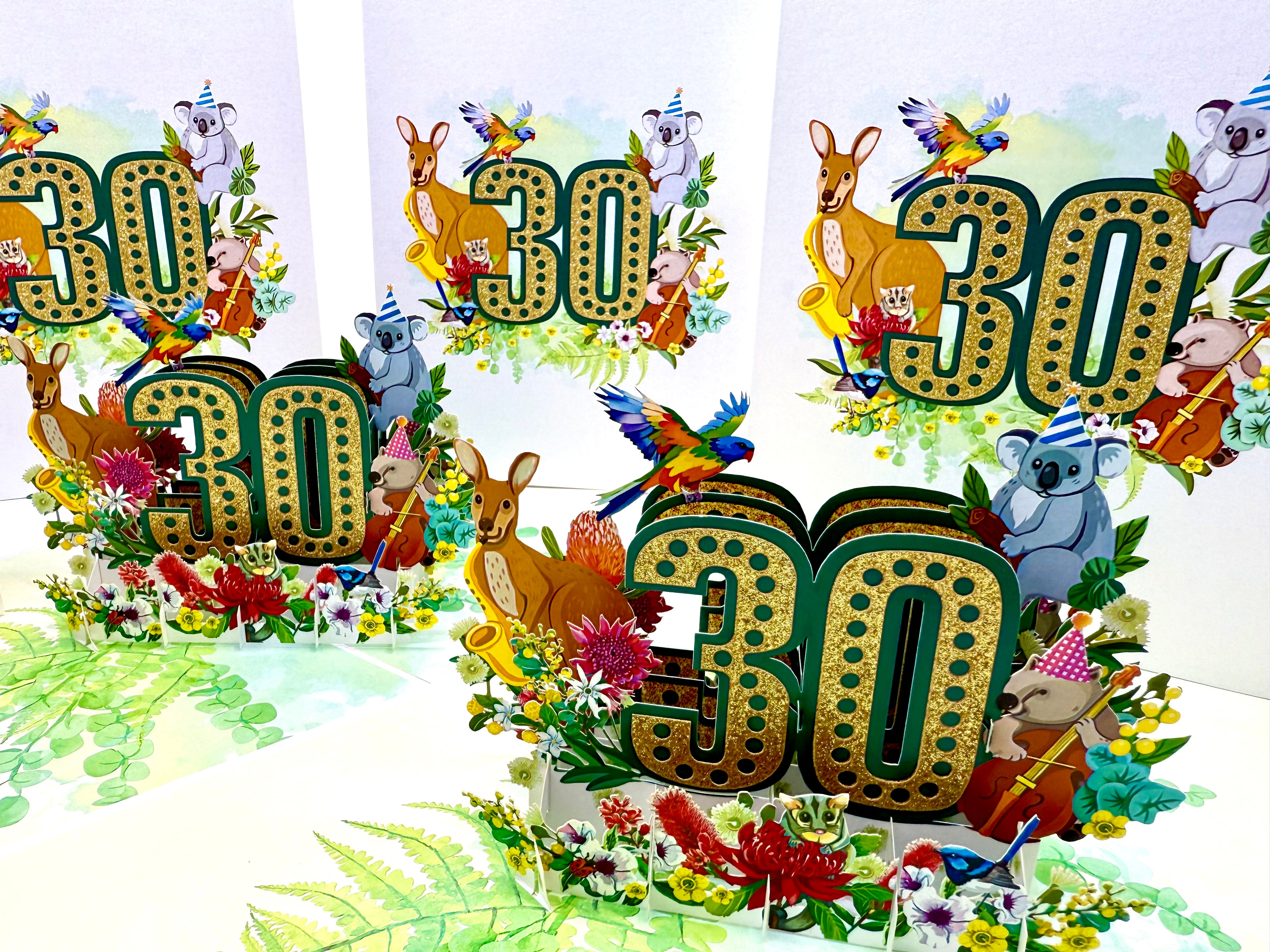 Australian Animal & Native Flower Happy 30th Birthday Origami Pop Cards 3D Pop Up Greeting Card Thank You Handmade Gift Thinking of You Happy Birthday Occasion Australiana Celebrate the Beauty and Happiness During Special Day Best Wishes Gift