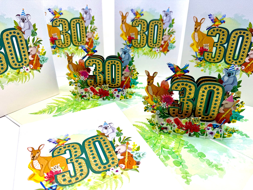 Australian Animal & Native Flower Happy 30th Birthday Origami Pop Cards 3D Pop Up Greeting Card Thank You Handmade Gift Thinking of You Happy Birthday Occasion Australiana Celebrate the Beauty and Happiness During Special Day Best Wishes Gift