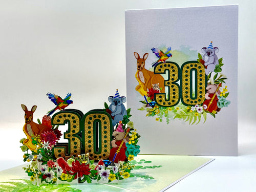 Australian Animal & Native Flower Happy 30th Birthday Origami Pop Cards 3D Pop Up Greeting Card Thank You Handmade Gift Thinking of You Happy Birthday Occasion Australiana Celebrate the Beauty and Happiness During Special Day Best Wishes Gift
