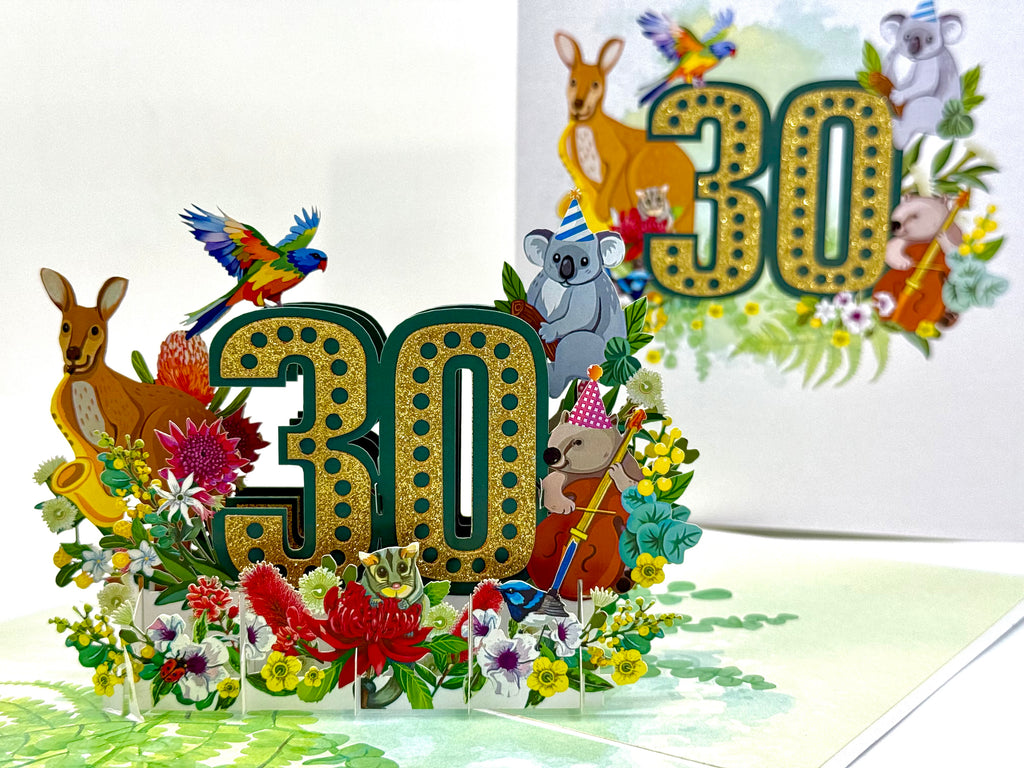 Australian Animal & Native Flower Happy 30th Birthday Origami Pop Cards 3D Pop Up Greeting Card Thank You Handmade Gift Thinking of You Happy Birthday Occasion Australiana Celebrate the Beauty and Happiness During Special Day Best Wishes Gift