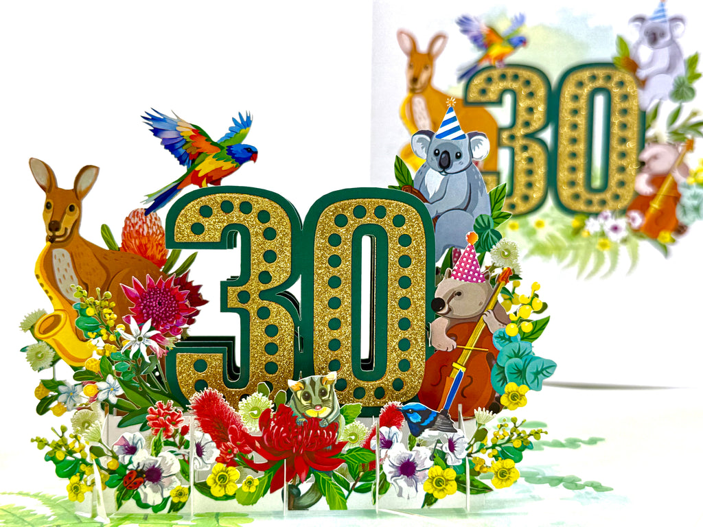 Australian Animal & Native Flower Happy 30th Birthday Origami Pop Cards 3D Pop Up Greeting Card Thank You Handmade Gift Thinking of You Happy Birthday Occasion Australiana Celebrate the Beauty and Happiness During Special Day Best Wishes Gift