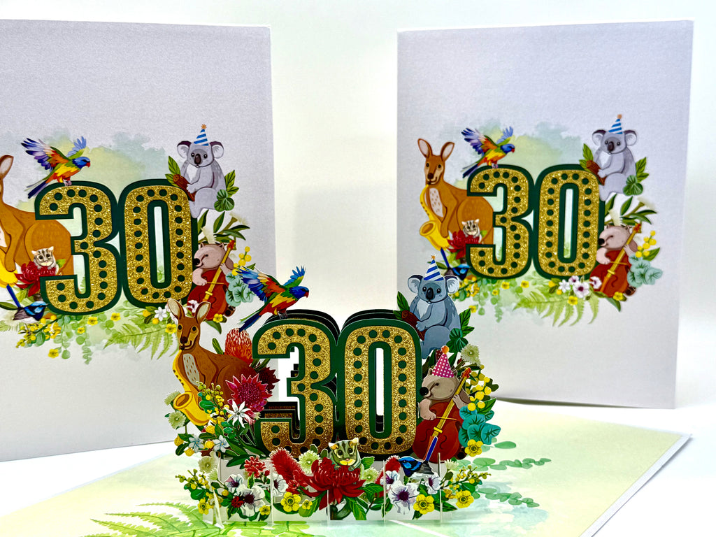 Australian Animal & Native Flower Happy 30th Birthday Origami Pop Cards 3D Pop Up Greeting Card Thank You Handmade Gift Thinking of You Happy Birthday Occasion Australiana Celebrate the Beauty and Happiness During Special Day Best Wishes Gift
