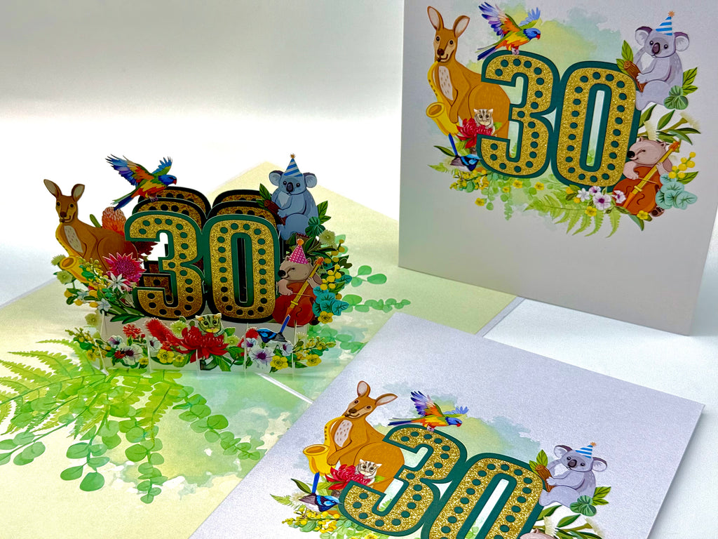 Australian Animal & Native Flower Happy 30th Birthday Origami Pop Cards 3D Pop Up Greeting Card Thank You Handmade Gift Thinking of You Happy Birthday Occasion Australiana Celebrate the Beauty and Happiness During Special Day Best Wishes Gift
