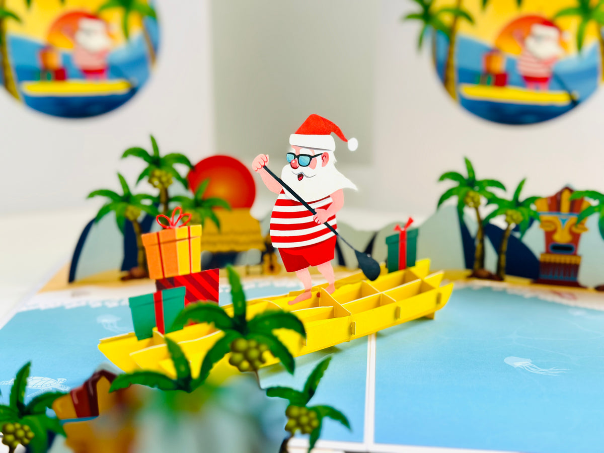 Australian Christmas Santa at Bondi Beach Sydney Aussie Merry Christmas Origami Pop Cards 3D Pop Up Greeting Card Merry Christmas Thank You Handmade Best Wishes Blank Card Gift Happy Holidays Celebrate the Special Day Moment with Family and Friends