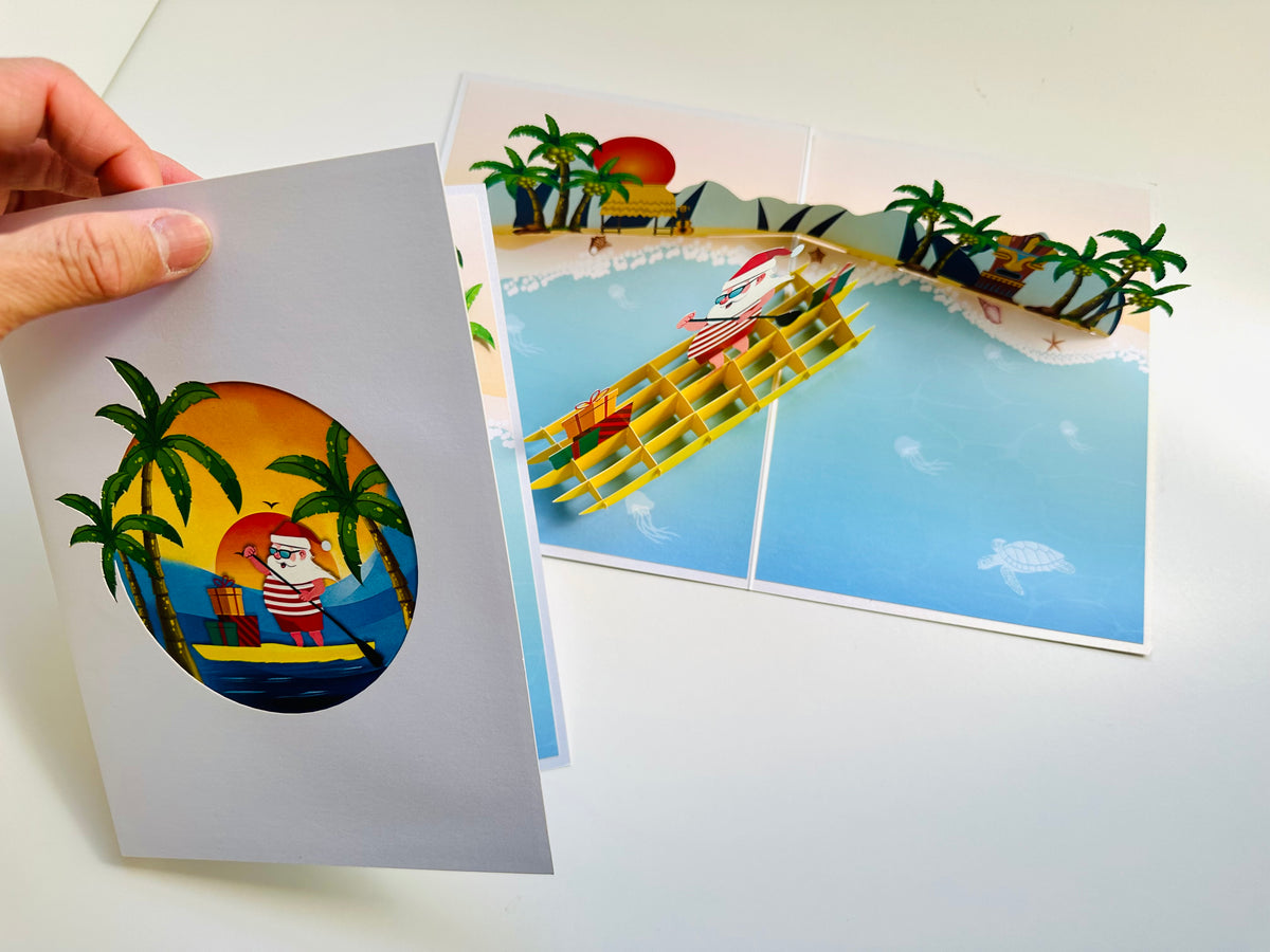 Australian Christmas Santa at Bondi Beach Sydney Aussie Merry Christmas Origami Pop Cards 3D Pop Up Greeting Card Merry Christmas Thank You Handmade Best Wishes Blank Card Gift Happy Holidays Celebrate the Special Day Moment with Family and Friends