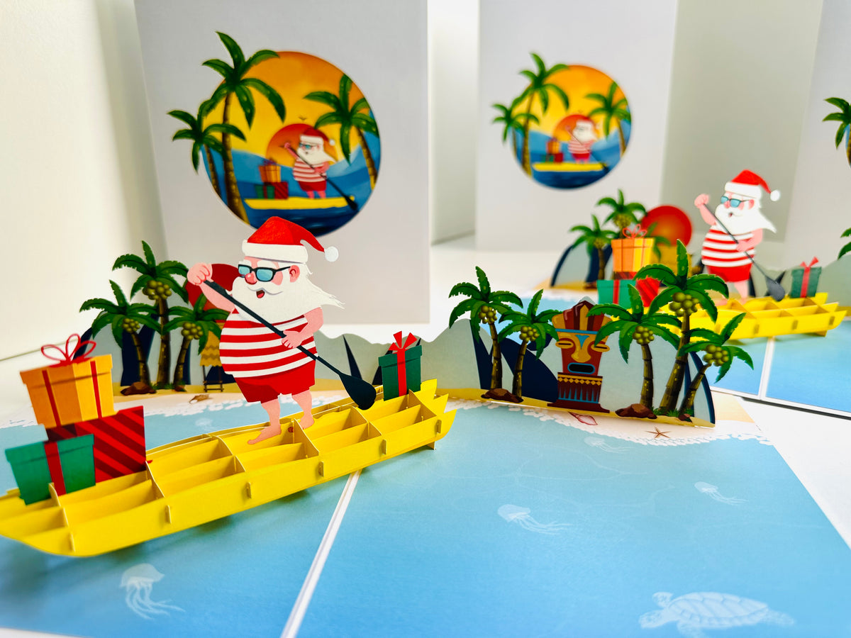 Australian Christmas Santa at Bondi Beach Sydney Aussie Merry Christmas Origami Pop Cards 3D Pop Up Greeting Card Merry Christmas Thank You Handmade Best Wishes Blank Card Gift Happy Holidays Celebrate the Special Day Moment with Family and Friends