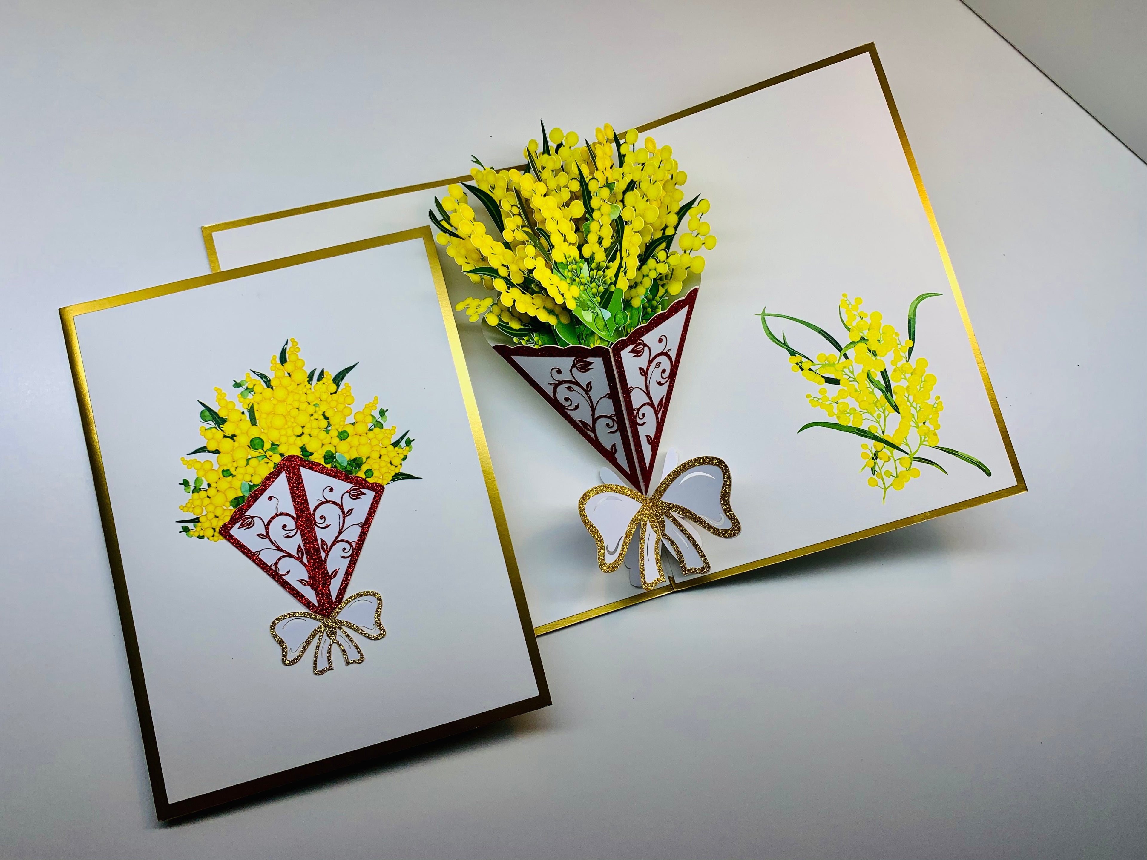 Luxury Australian Golden Wattle Bouquet Embossed in Gold Origami Pop Cards 3D Pop Up Greeting Card Happy Birthday Thank You Handmade Gift Thinking of You Blank Card for Any Occasion Happy Mother's Day Happy Father's Celebrate the Beauty of Flower