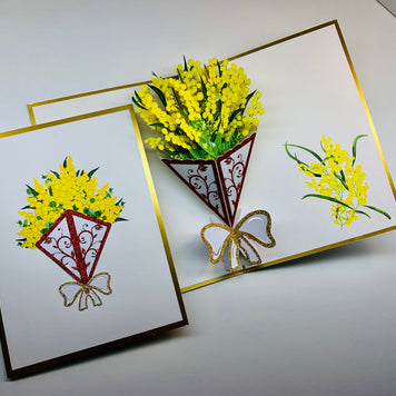Luxury Australian Golden Wattle Bouquet Embossed in Gold Origami Pop Cards 3D Pop Up Greeting Card Happy Birthday Thank You Handmade Gift Thinking of You Blank Card for Any Occasion Happy Mother's Day Happy Father's Celebrate the Beauty of Flower