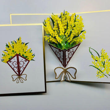 Luxury Australian Golden Wattle Bouquet Embossed in Gold Origami Pop Cards 3D Pop Up Greeting Card Happy Birthday Thank You Handmade Gift Thinking of You Blank Card for Any Occasion Happy Mother's Day Happy Father's Celebrate the Beauty of Flower