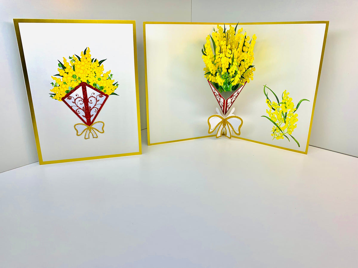 Luxury Australian Golden Wattle Bouquet Embossed in Gold Origami Pop Cards 3D Pop Up Greeting Card Happy Birthday Thank You Handmade Gift Thinking of You Blank Card for Any Occasion Happy Mother's Day Happy Father's Celebrate the Beauty of Flower