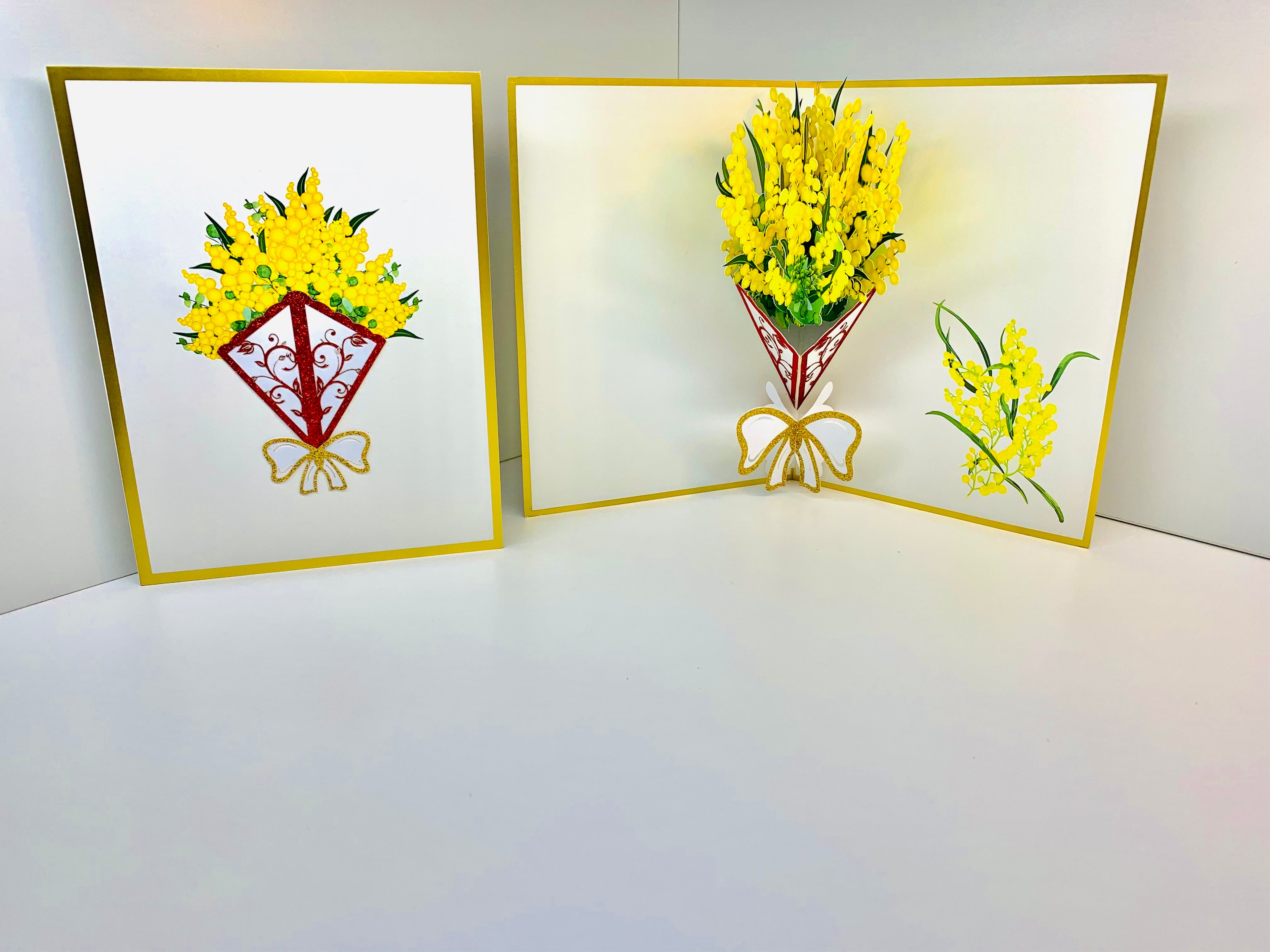 Luxury Australian Golden Wattle Bouquet Embossed in Gold Origami Pop Cards 3D Pop Up Greeting Card Happy Birthday Thank You Handmade Gift Thinking of You Blank Card for Any Occasion Happy Mother's Day Happy Father's Celebrate the Beauty of Flower