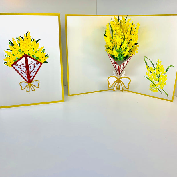 Luxury Australian Golden Wattle Bouquet Embossed in Gold Origami Pop Cards 3D Pop Up Greeting Card Happy Birthday Thank You Handmade Gift Thinking of You Blank Card for Any Occasion Happy Mother's Day Happy Father's Celebrate the Beauty of Flower