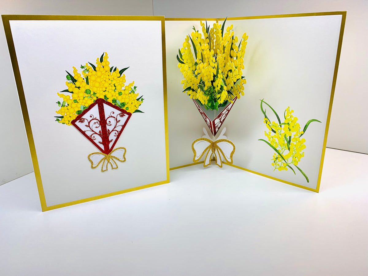 Luxury Australian Golden Wattle Bouquet Embossed in Gold Origami Pop Cards 3D Pop Up Greeting Card Happy Birthday Thank You Handmade Gift Thinking of You Blank Card for Any Occasion Happy Mother's Day Happy Father's Celebrate the Beauty of Flower