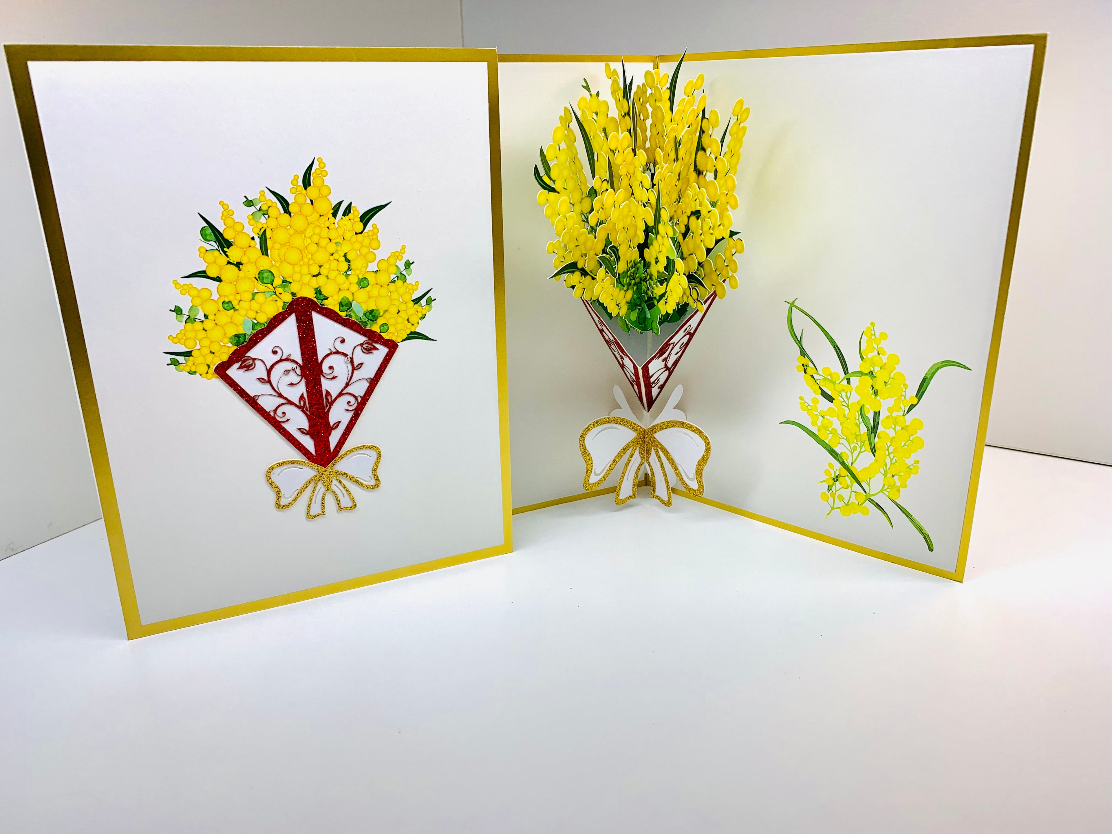 Luxury Australian Golden Wattle Bouquet Embossed in Gold Origami Pop Cards 3D Pop Up Greeting Card Happy Birthday Thank You Handmade Gift Thinking of You Blank Card for Any Occasion Happy Mother's Day Happy Father's Celebrate the Beauty of Flower
