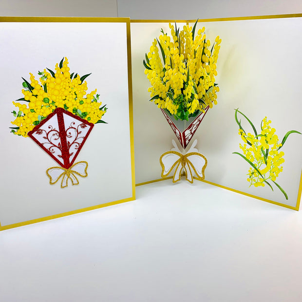 Luxury Australian Golden Wattle Bouquet Embossed in Gold Origami Pop Cards 3D Pop Up Greeting Card Happy Birthday Thank You Handmade Gift Thinking of You Blank Card for Any Occasion Happy Mother's Day Happy Father's Celebrate the Beauty of Flower