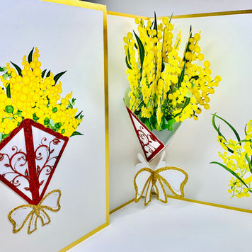 Luxury Australian Golden Wattle Bouquet Embossed in Gold Origami Pop Cards 3D Pop Up Greeting Card Happy Birthday Thank You Handmade Gift Thinking of You Blank Card for Any Occasion Happy Mother's Day Happy Father's Celebrate the Beauty of Flower