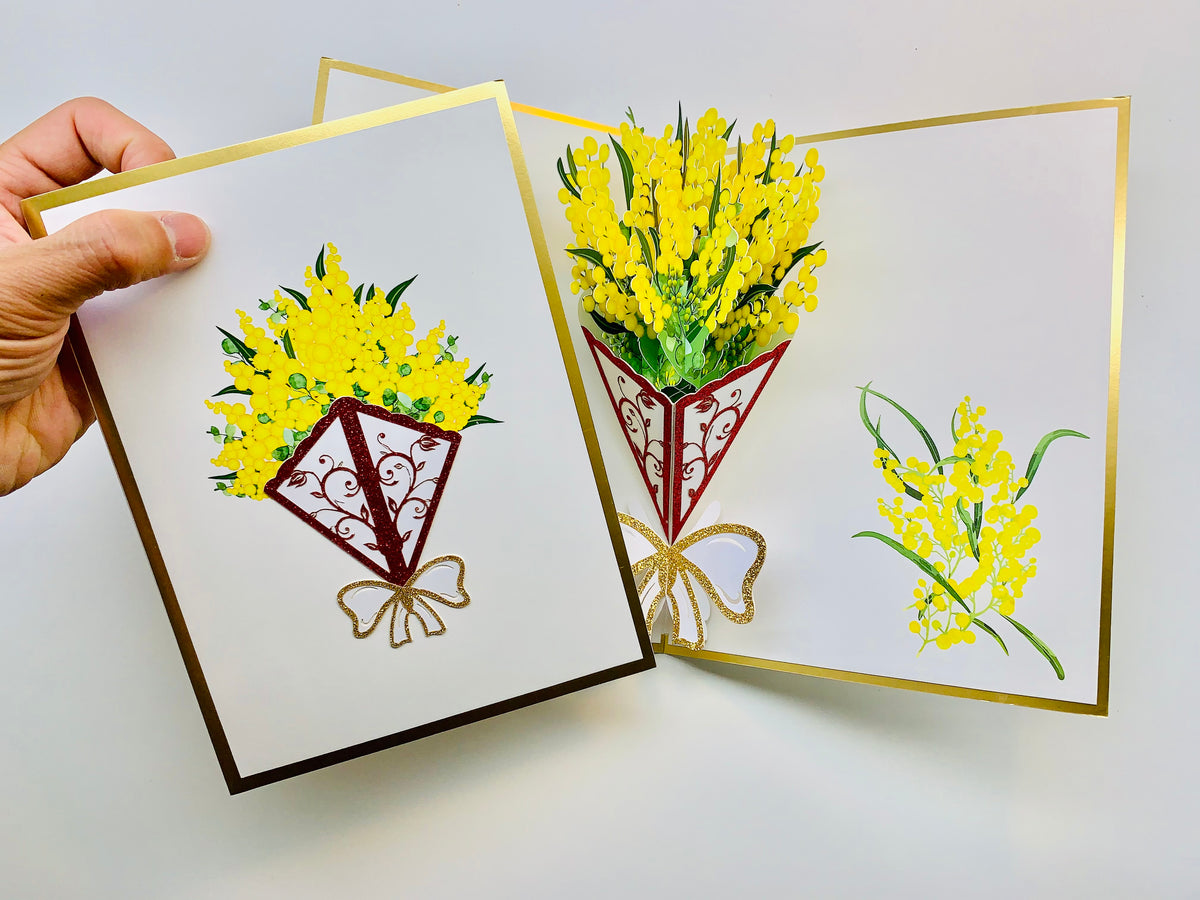 Luxury Australian Golden Wattle Bouquet Embossed in Gold Origami Pop Cards 3D Pop Up Greeting Card Happy Birthday Thank You Handmade Gift Thinking of You Blank Card for Any Occasion Happy Mother's Day Happy Father's Celebrate the Beauty of Flower