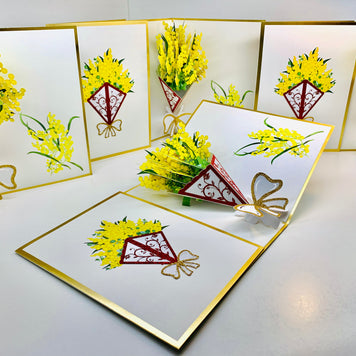 Luxury Australian Golden Wattle Bouquet Embossed in Gold Origami Pop Cards 3D Pop Up Greeting Card Happy Birthday Thank You Handmade Gift Thinking of You Blank Card for Any Occasion Happy Mother's Day Happy Father's Celebrate the Beauty of Flower