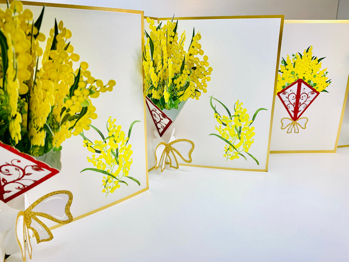 Luxury Australian Golden Wattle Bouquet Embossed in Gold Origami Pop Cards 3D Pop Up Greeting Card Happy Birthday Thank You Handmade Gift Thinking of You Blank Card for Any Occasion Happy Mother's Day Happy Father's Celebrate the Beauty of Flower