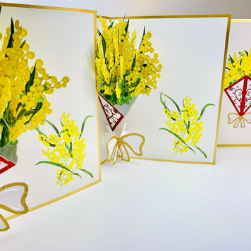 Luxury Australian Golden Wattle Bouquet Embossed in Gold Origami Pop Cards 3D Pop Up Greeting Card Happy Birthday Thank You Handmade Gift Thinking of You Blank Card for Any Occasion Happy Mother's Day Happy Father's Celebrate the Beauty of Flower