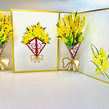 Luxury Australian Golden Wattle Bouquet Embossed in Gold Origami Pop Cards 3D Pop Up Greeting Card Happy Birthday Thank You Handmade Gift Thinking of You Blank Card for Any Occasion Happy Mother's Day Happy Father's Celebrate the Beauty of Flower