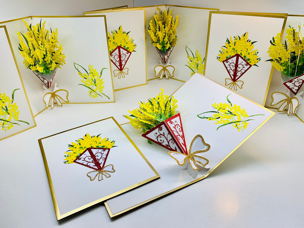 Luxury Australian Golden Wattle Bouquet Embossed in Gold Origami Pop Cards 3D Pop Up Greeting Card Happy Birthday Thank You Handmade Gift Thinking of You Blank Card for Any Occasion Happy Mother's Day Happy Father's Celebrate the Beauty of Flower