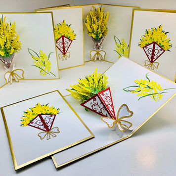 Luxury Australian Golden Wattle Bouquet Embossed in Gold Origami Pop Cards 3D Pop Up Greeting Card Happy Birthday Thank You Handmade Gift Thinking of You Blank Card for Any Occasion Happy Mother's Day Happy Father's Celebrate the Beauty of Flower