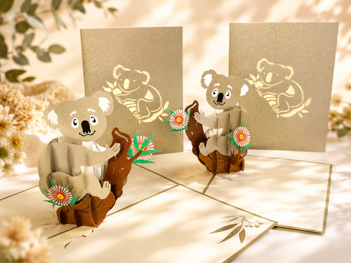 Australian Koala & Gumnut Blossoms Origami Pop Cards 3D Pop Up Greeting Card Happy Birthday Thank You Handmade Gift Thinking of You Blank Card for Any Occasion Happy Mother's Day Happy Father's Australiana Animals