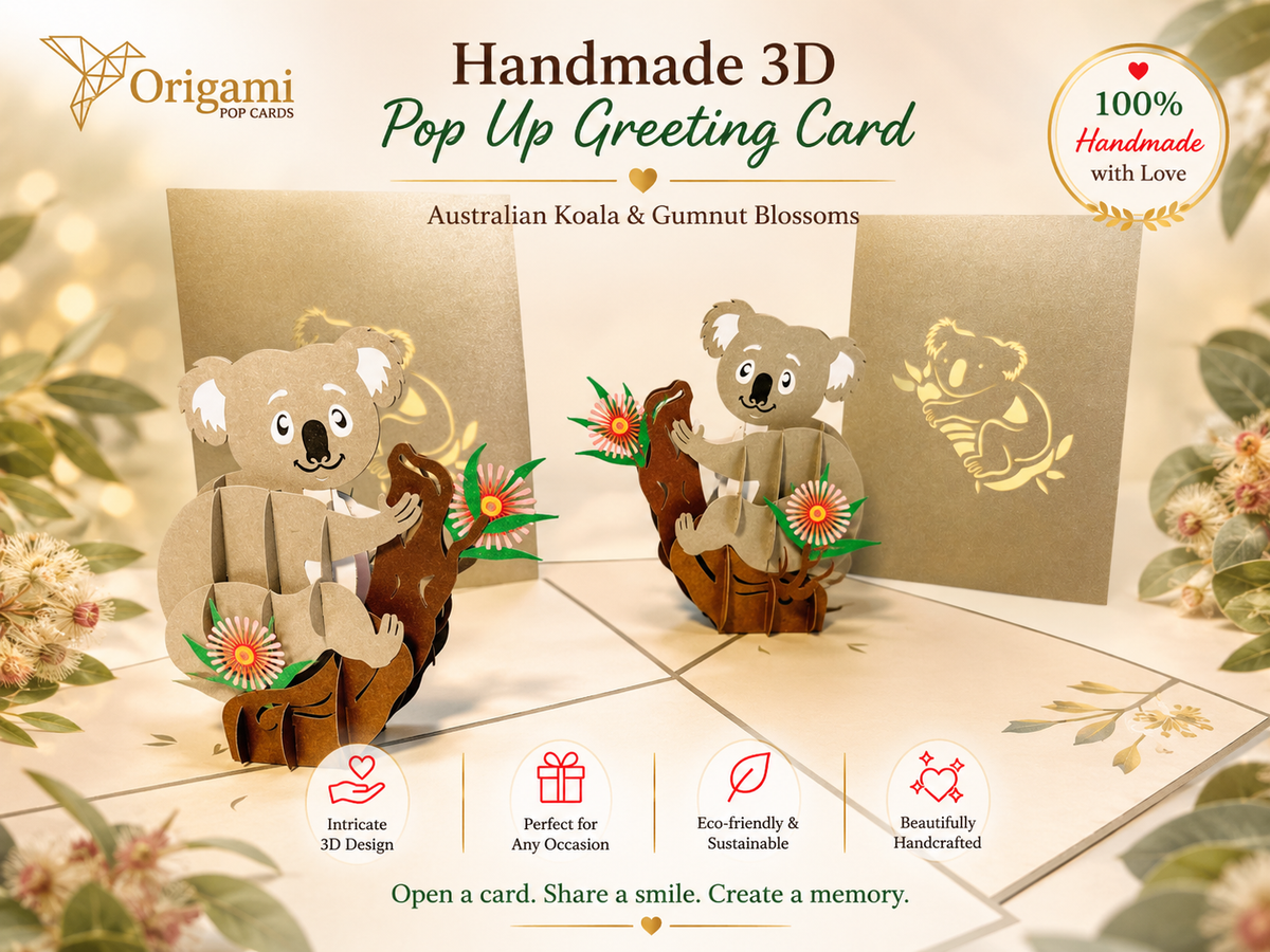 Australian Koala & Gumnut Blossoms Origami Pop Cards 3D Pop Up Greeting Card Happy Birthday Thank You Handmade Gift Thinking of You Blank Card for Any Occasion Happy Mother's Day Happy Father's Australiana Animals
