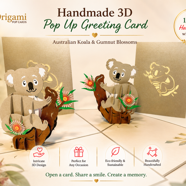 Australian Koala & Gumnut Blossoms Origami Pop Cards 3D Pop Up Greeting Card Happy Birthday Thank You Handmade Gift Thinking of You Blank Card for Any Occasion Happy Mother's Day Happy Father's Australiana Animals