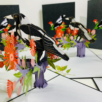 Australian Magpie Black & White Bird with Native Red Gumnut Blossom Wildflower Origami Pop Cards 3D Pop Up Greeting Card Happy Birthday Thank You Handmade Gift Thinking of You Blank Card for Any Occasion Happy Mother's Day Happy Father's Australiana