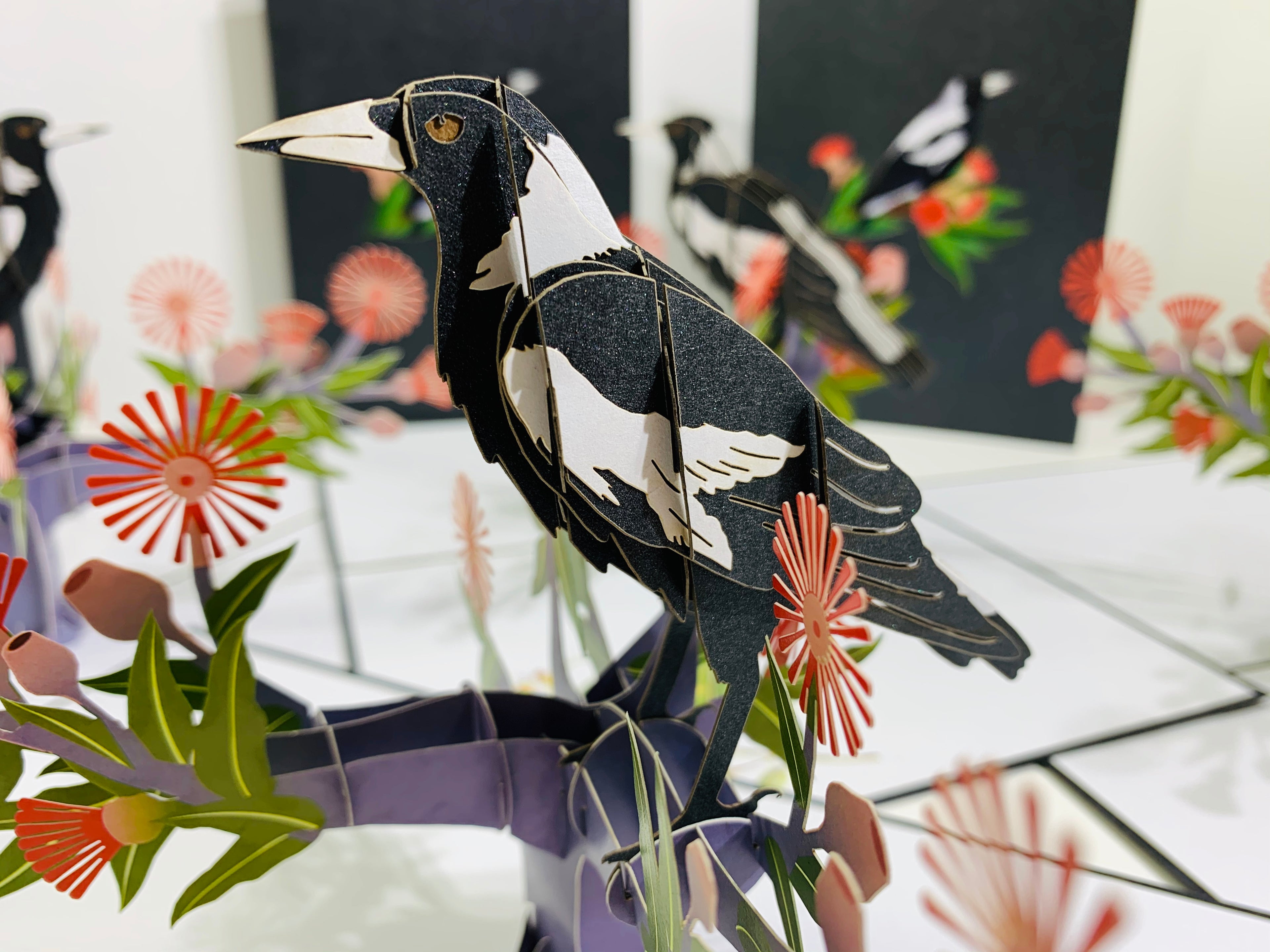 Australian Magpie Black & White Bird with Native Red Gumnut Blossom Wildflower Origami Pop Cards 3D Pop Up Greeting Card Happy Birthday Thank You Handmade Gift Thinking of You Blank Card for Any Occasion Happy Mother's Day Happy Father's Australiana