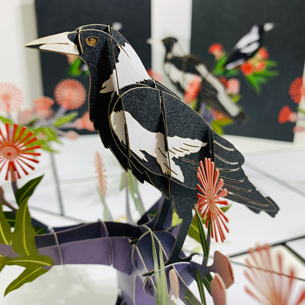 Australian Magpie Black & White Bird with Native Red Gumnut Blossom Wildflower Origami Pop Cards 3D Pop Up Greeting Card Happy Birthday Thank You Handmade Gift Thinking of You Blank Card for Any Occasion Happy Mother's Day Happy Father's Australiana