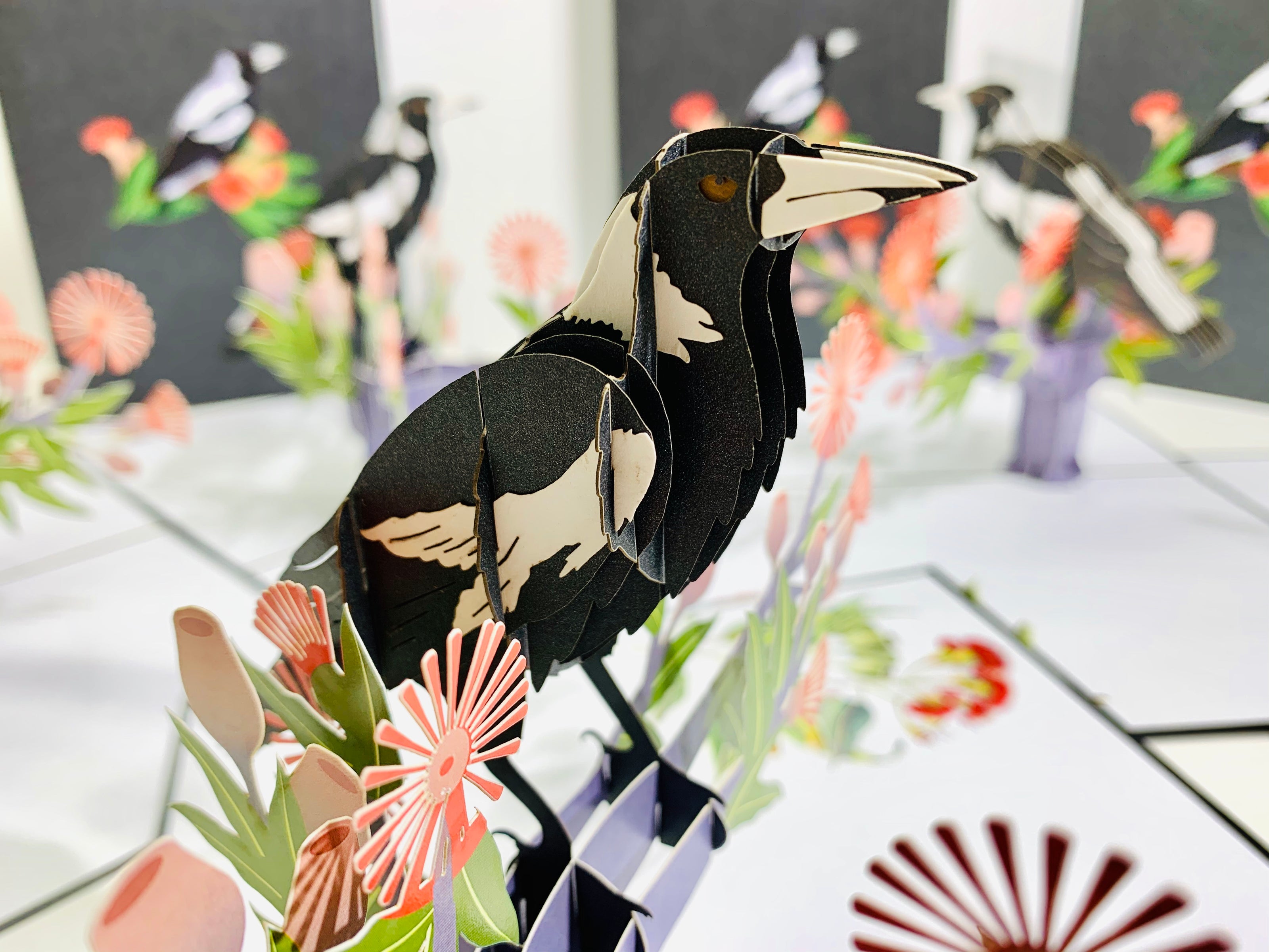 Australian Magpie Black & White Bird with Native Red Gumnut Blossom Wildflower Origami Pop Cards 3D Pop Up Greeting Card Happy Birthday Thank You Handmade Gift Thinking of You Blank Card for Any Occasion Happy Mother's Day Happy Father's Australiana