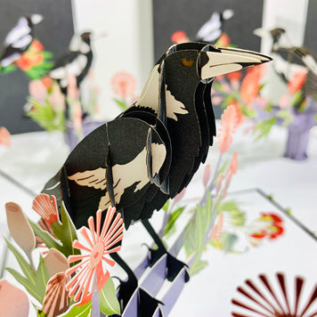 Australian Magpie Black & White Bird with Native Red Gumnut Blossom Wildflower Origami Pop Cards 3D Pop Up Greeting Card Happy Birthday Thank You Handmade Gift Thinking of You Blank Card for Any Occasion Happy Mother's Day Happy Father's Australiana