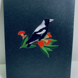 Australian Magpie Black & White Bird with Native Red Gumnut Blossom Wildflower Origami Pop Cards 3D Pop Up Greeting Card Happy Birthday Thank You Handmade Gift Thinking of You Blank Card for Any Occasion Happy Mother's Day Happy Father's Australiana