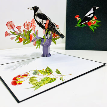Australian Magpie Black & White Bird with Native Red Gumnut Blossom Wildflower Origami Pop Cards 3D Pop Up Greeting Card Happy Birthday Thank You Handmade Gift Thinking of You Blank Card for Any Occasion Happy Mother's Day Happy Father's Australiana