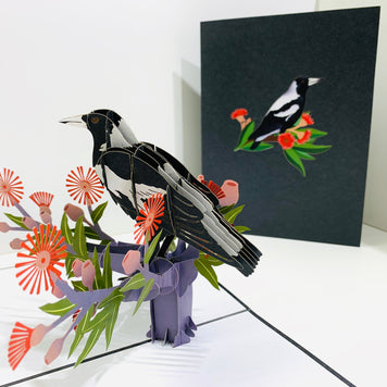 Australian Magpie Black & White Bird with Native Red Gumnut Blossom Wildflower Origami Pop Cards 3D Pop Up Greeting Card Happy Birthday Thank You Handmade Gift Thinking of You Blank Card for Any Occasion Happy Mother's Day Happy Father's Australiana