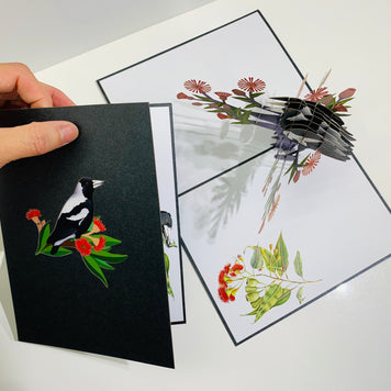 Australian Magpie Black & White Bird with Native Red Gumnut Blossom Wildflower Origami Pop Cards 3D Pop Up Greeting Card Happy Birthday Thank You Handmade Gift Thinking of You Blank Card for Any Occasion Happy Mother's Day Happy Father's Australiana